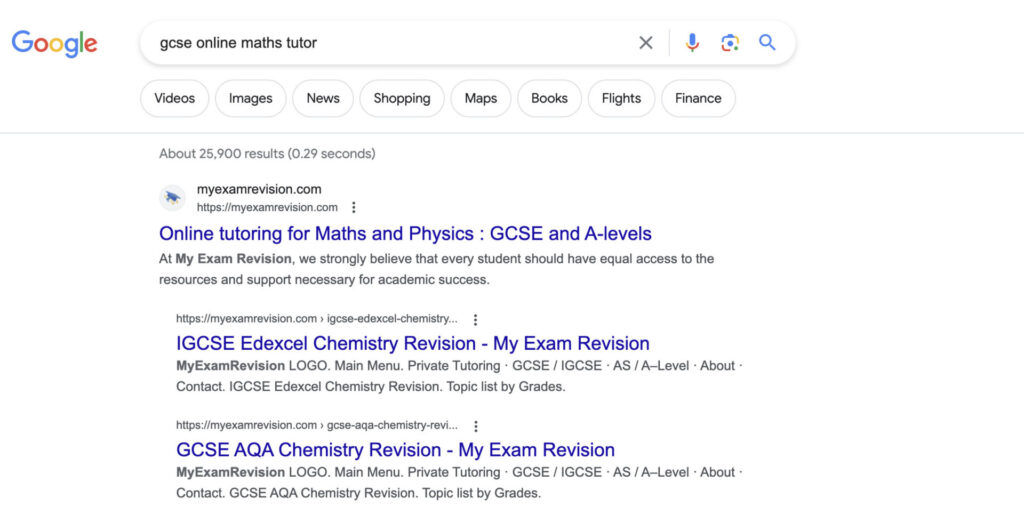 MyExamRevision on Google Rank 1 for Private Tutoring in UK