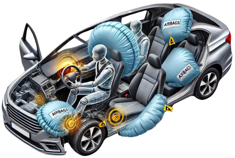 Illustration of airbags deploying in a car during a collision.