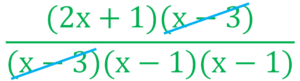 Simplified algebraic fraction example showing the cancellation of common factors in the numerator and denominator.