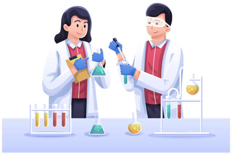 Two scientists conducting experiments in a lab with test tubes and beakers.