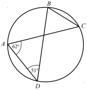 Circle diagram with points A, B, C, and D on the circumference, showing angles CAD = 62° and ADB = 51°, asking to find angle ACB.