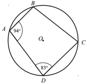 Circle diagram with points A, B, C, and D on the circumference, showing angles BAD = 94° and ADC = 83°, asking to find angle ABC.