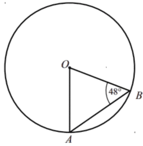 Circle diagram with points A and B on the circumference, center O, and angle ABO = 48°, asking to find angle AOB.