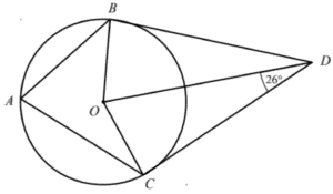 Geometry diagram illustrating a circle with center O and points A, B, and C on its circumference. Tangents BD and CD are drawn with angle ODC equal to 26°.