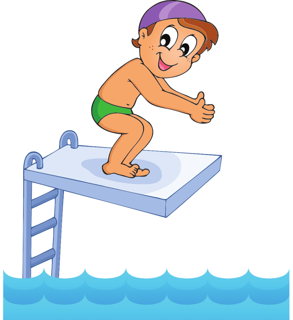 Diving board demonstrating elastic potential energy with a boy about to dive.