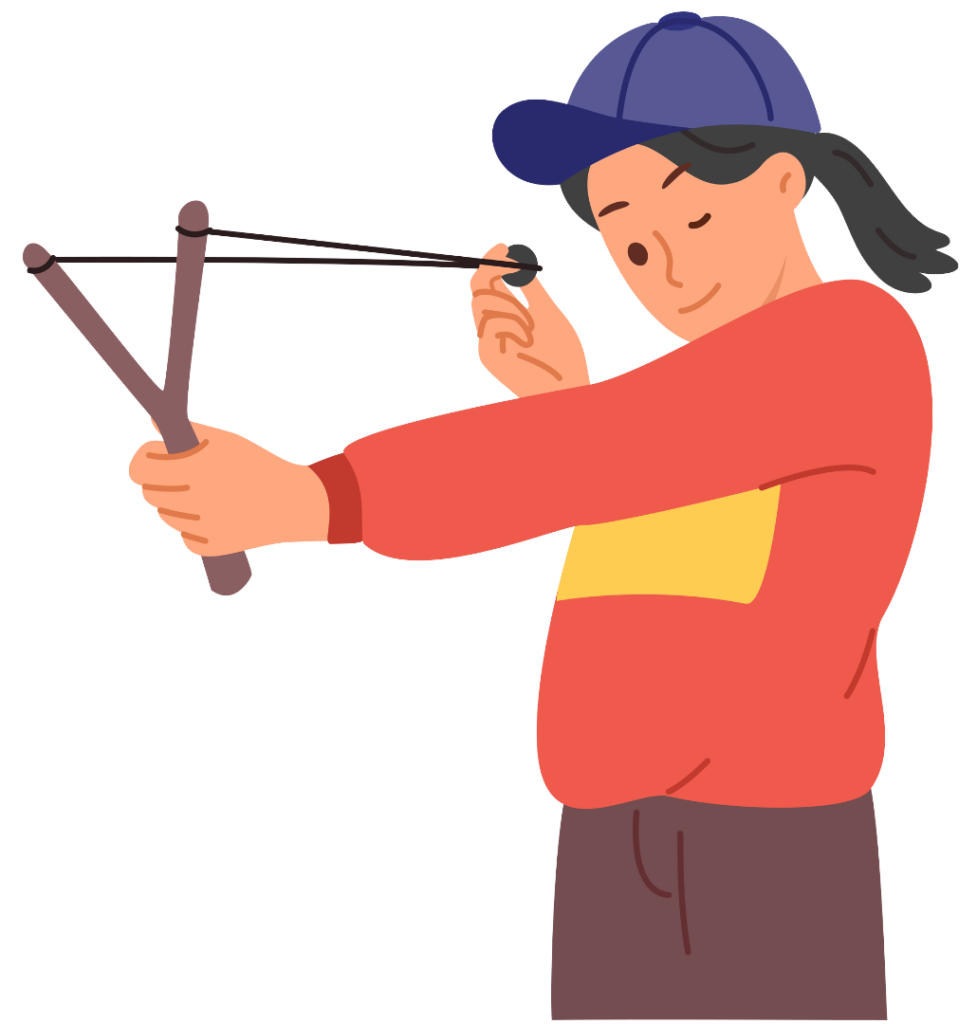 Illustration of a boy pulling back a slingshot to demonstrate elastic potential energy.