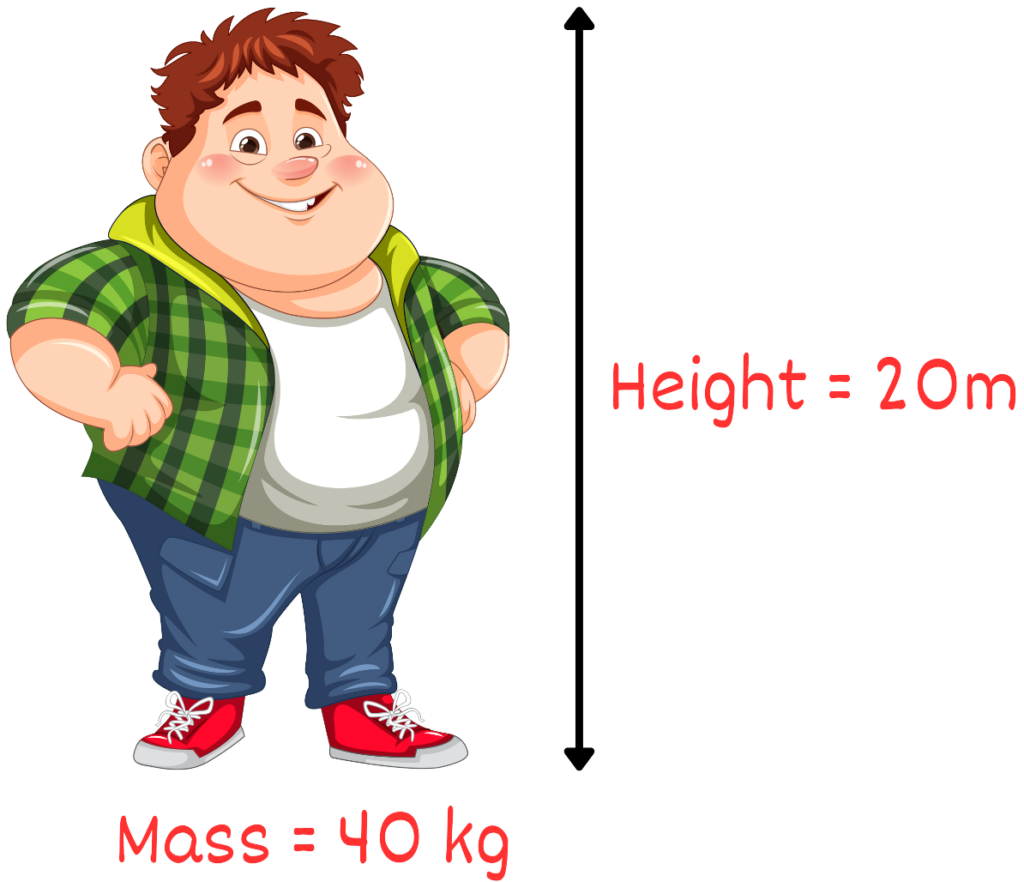 Illustration of a 40 kg boy at a height of 20 meters.