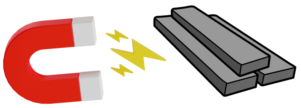 A magnet attracting metal bars, showing magnetic potential energy