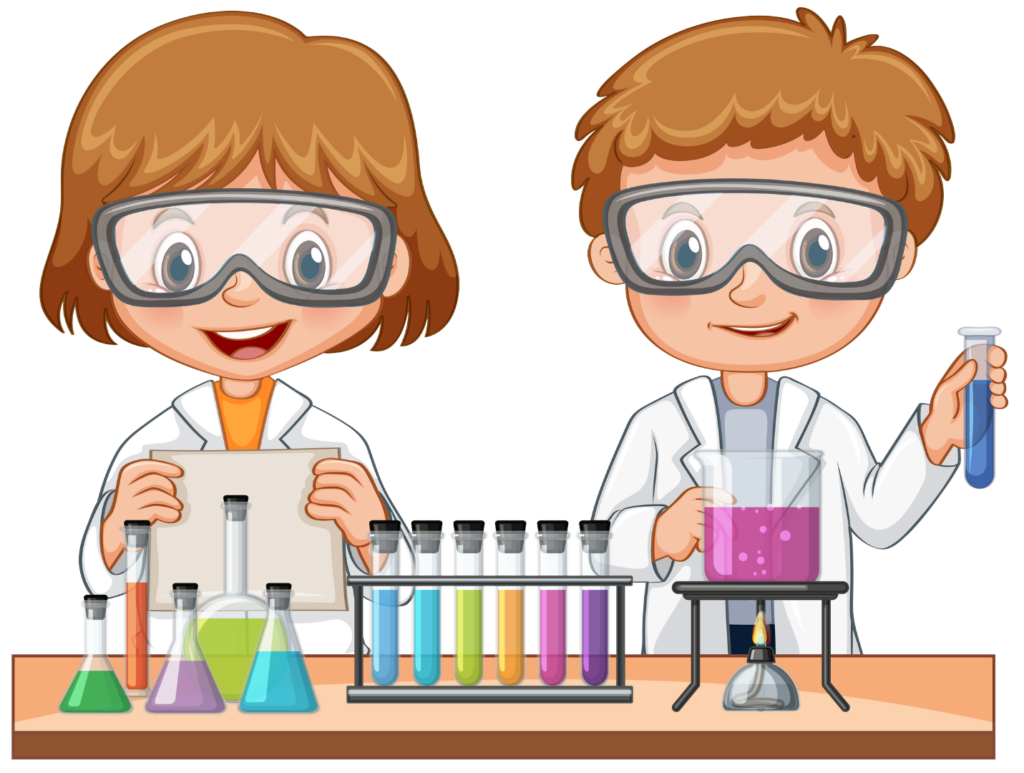 Two children wearing safety goggles and lab coats conducting a chemical experiment with beakers and test tubes.