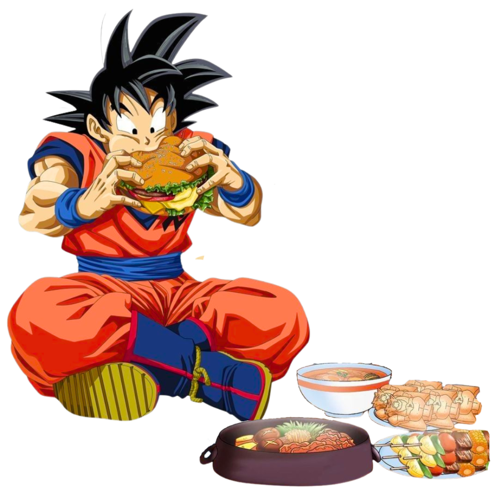 Goku from Dragon Ball Z eating food to store energy