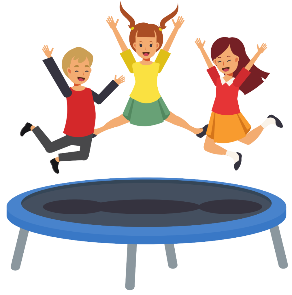 Trampoline elastic potential energy illustrated with children jumping