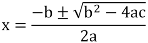 Quadratic formula equation showing the solution for x in terms of coefficients a, b, and c.