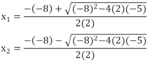 Quadratic equation with solved x-intercepts using the quadratic formula.