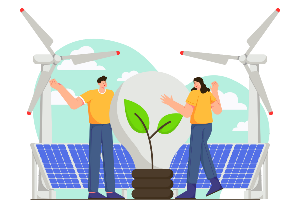 Two people standing near a light bulb with a plant inside, surrounded by wind turbines and solar panels, representing energy calculation E = IVt