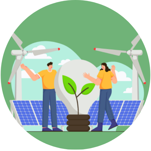 Two people standing by a light bulb with leaves growing, wind turbines, and solar panels, representing the energy equation E = IVt