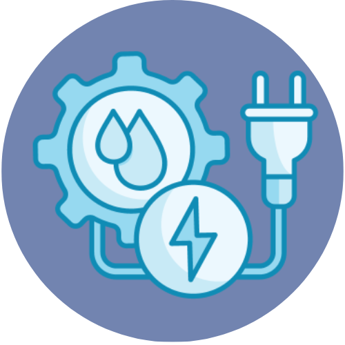 Illustration of a gear with a water drop, an electricity symbol, and an electric plug representing energy transfer