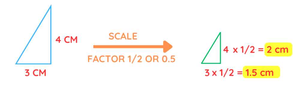 Example of enlargement with a scale factor of 1/2, showing how a right triangle is reduced in size to half its dimensions, illustrating the foundation of negative scale factors.