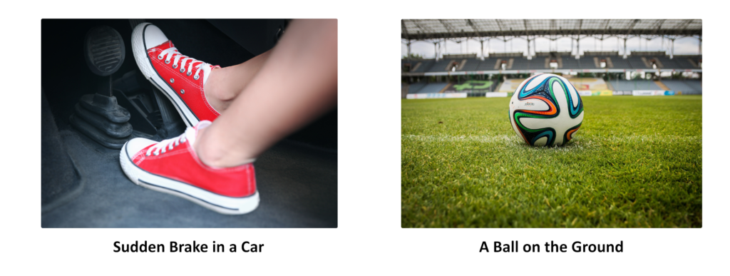 Two examples of Newton's First Law: a sudden brake in a car, and a ball at rest on the ground.