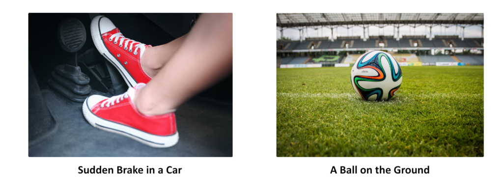 Two examples of Newton's First Law: a sudden brake in a car, and a ball at rest on the ground.
