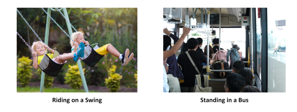 Two examples of Newton's First Law: riding on a swing and standing in a moving bus, illustrating motion and inertia.