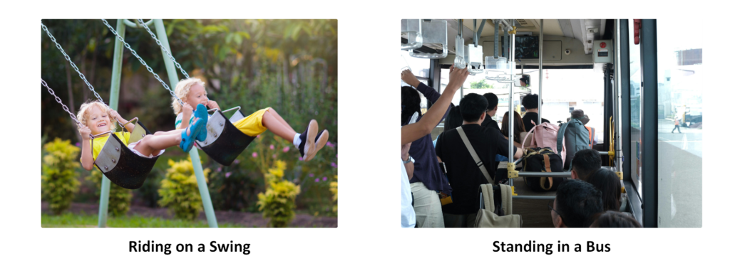 Two examples of Newton's First Law: riding on a swing and standing in a moving bus, illustrating motion and inertia.