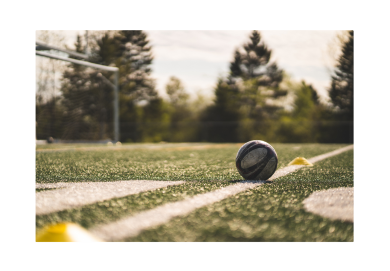 A soccer ball at rest on the field, illustrating Newton's First Law of Motion where an object at rest stays at rest unless acted upon by an external force.