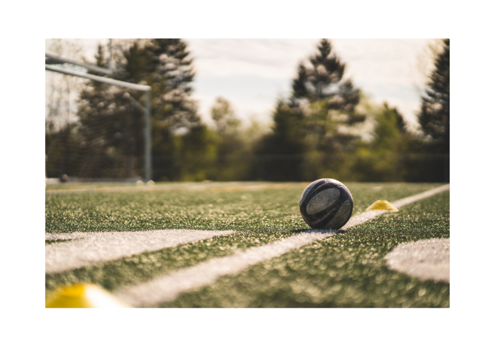 A soccer ball at rest on the field, illustrating Newton's First Law of Motion where an object at rest stays at rest unless acted upon by an external force.
