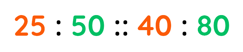 Ratio 25 to 50 is shown in proportion to 40 to 80 using double colon notation