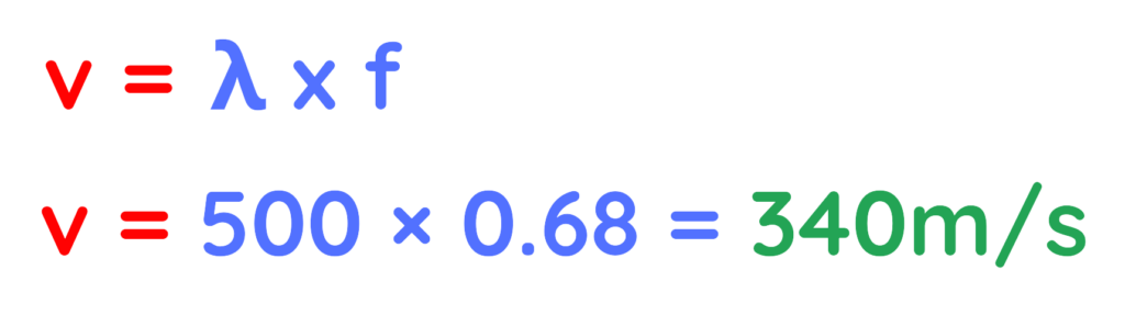 Equation showing wave speed equals wavelength times frequency with numerical example v = 500 × 0.68 = 340 m/s