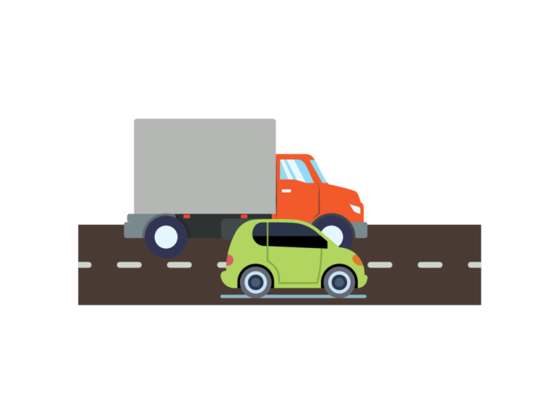 An illustration showing two vehicles, a truck and a car, on the road, representing the concept of momentum in a collision scenario.