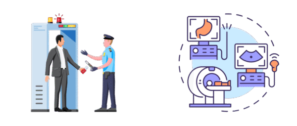 Icons depicting an airport security check and medical imaging for X-ray applications