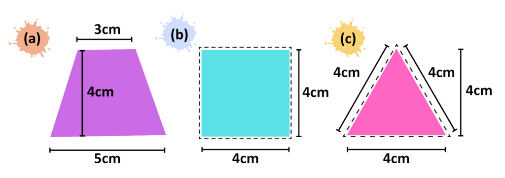 Labeled diagram showing a trapezium, square, and triangle with side lengths and heights for area and perimeter comparison