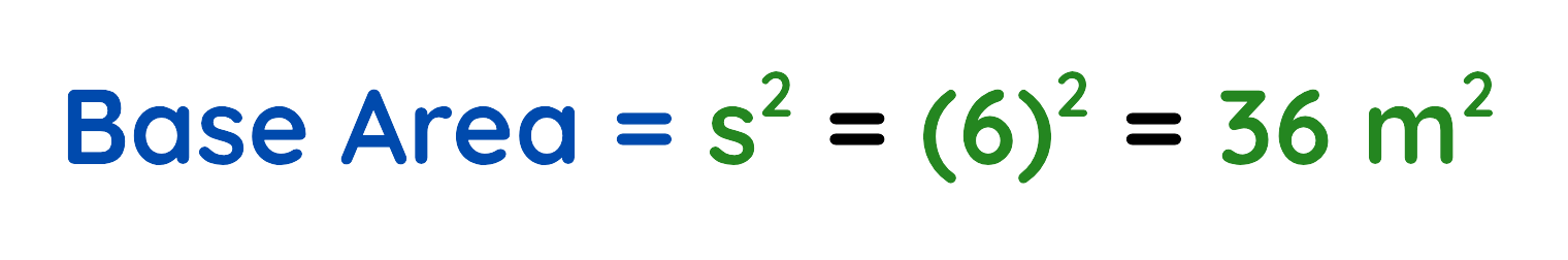 Base area formula for a square-based pyramid using s² with side length 6 m, result is 36 m²