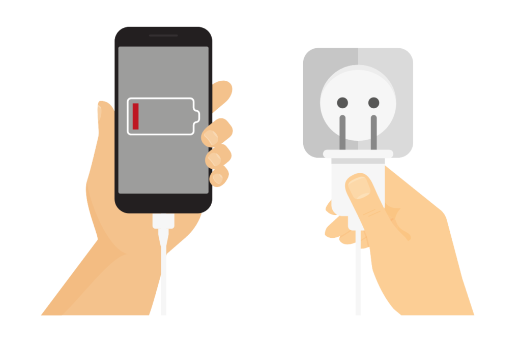 An image showing a phone with a low battery being charged, illustrating the concept of work and power in transferring energy from a power source to the phone.