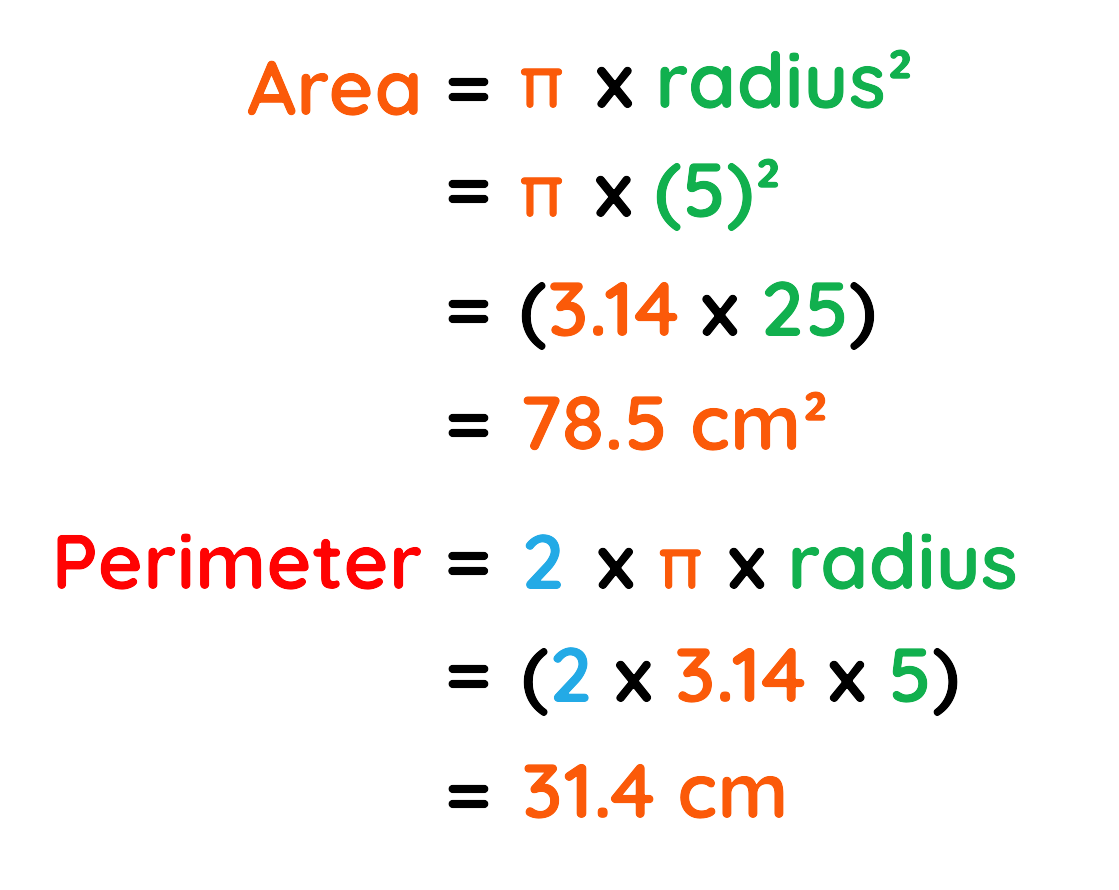Step-by-step calculation of the area and perimeter of a circle with a radius of 5 cm using π = 3.14