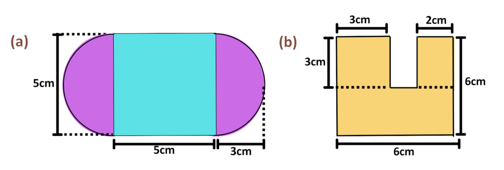 Diagram of two compound shapes: one with semicircles and a rectangle, another with a notched rectangle; all dimensions labeled