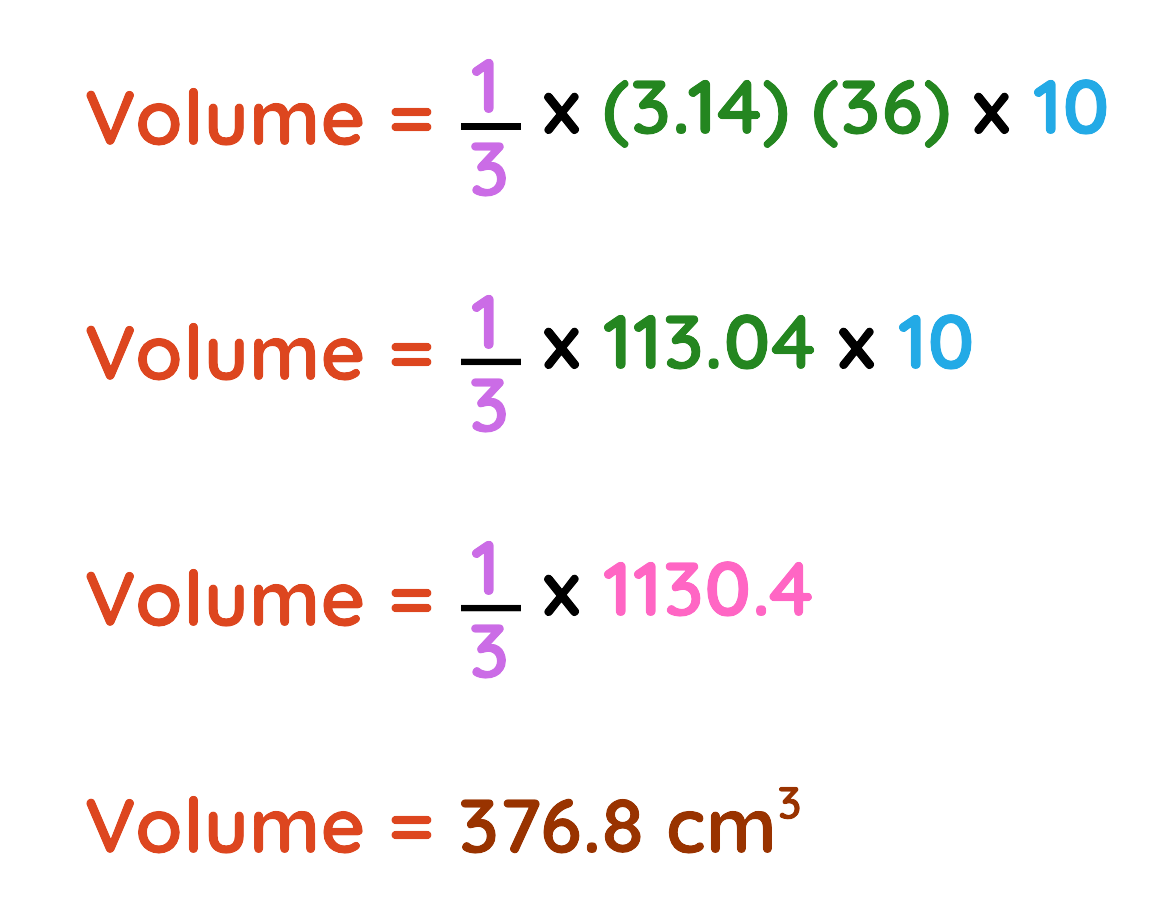 Step-by-step volume calculation of a cone using the formula ⅓ × π × r² × h with final answer 376.8 cm³