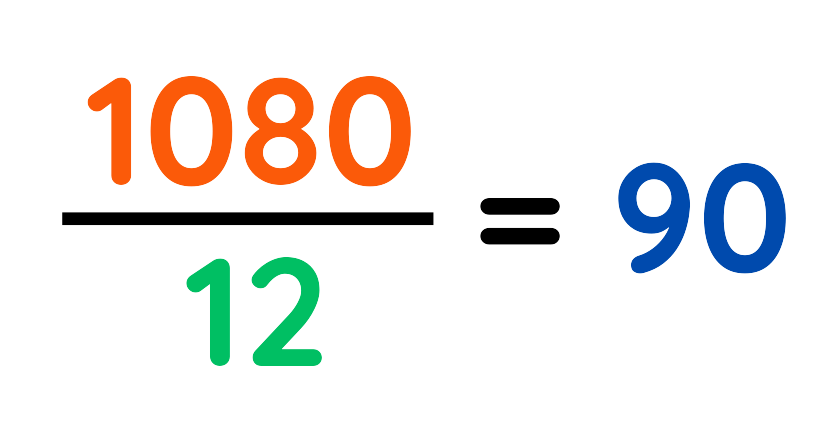 Division showing 1080 divided by 12 equals 90 to simplify Ratios values