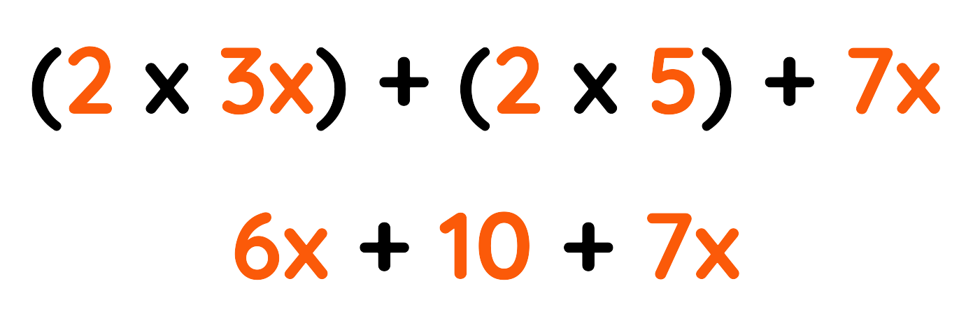 Expanding and Factorising: Step-by-step breakdown of 2(3x + 5) + 7x into expanded and simplified terms.
