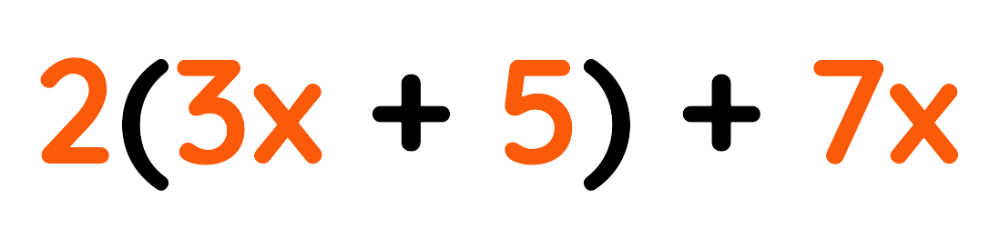 Expression 2(3x + 5) + 7x showing an algebraic equation before expanding and simplifying like terms.