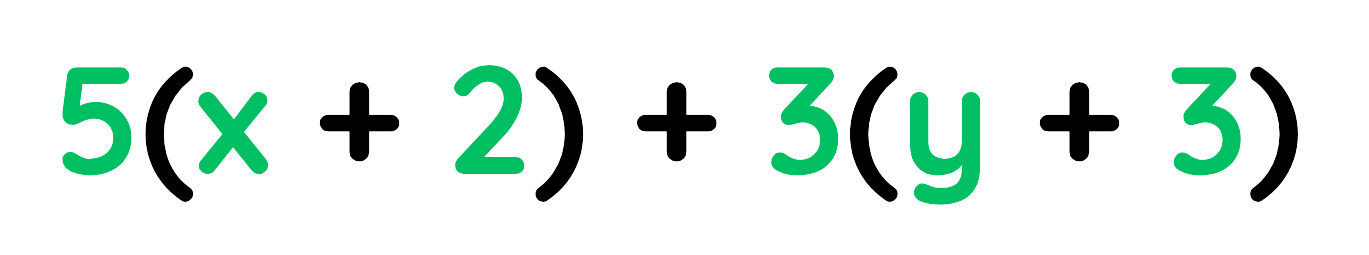 Algebraic expression written as 5(x + 2) + 3(y + 3)