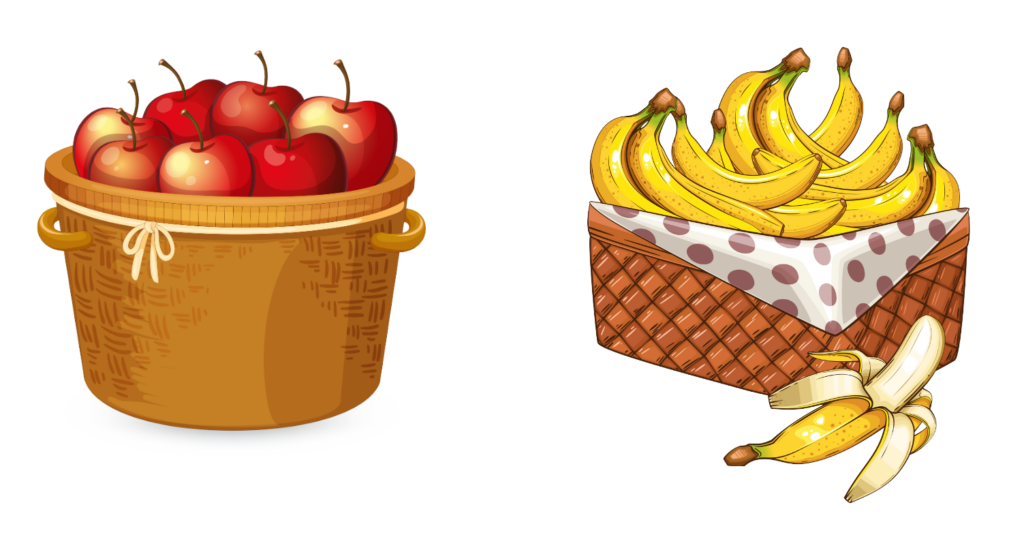 Baskets filled with apples and bananas to represent grouping terms in factorisation