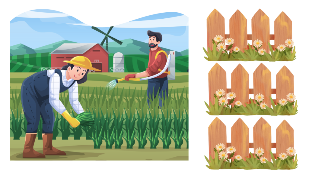 Farmers working in a crop field with fences on the side to represent area and perimeter visually