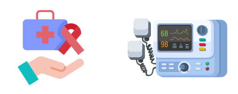 Icons depicting a first aid kit and heart rate monitor for medical applications of gamma rays
