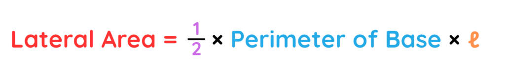 Lateral area formula for a pyramid showing ½ × perimeter of base × slant height (ℓ)