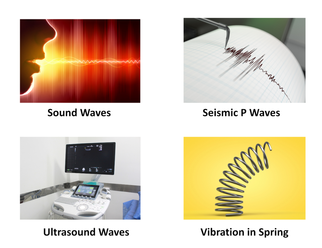 Sound waves, seismic P waves, ultrasound waves, and spring vibrations representing longitudinal waves