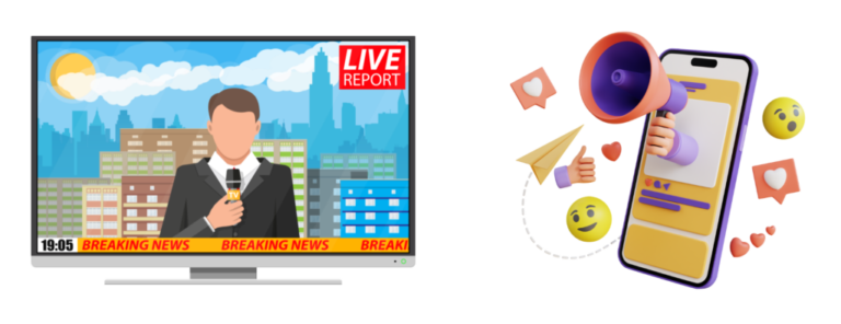 Icons depicting media broadcasting and social media applications for radio waves