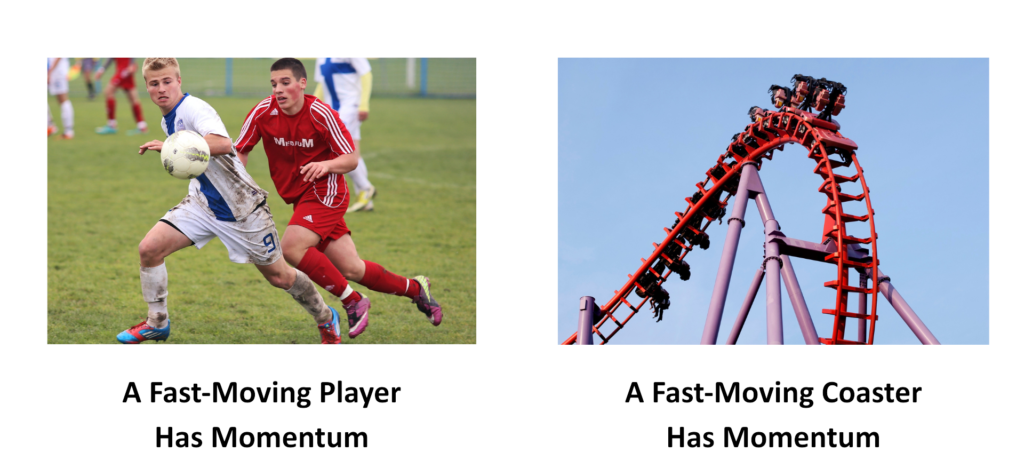 A fast-moving soccer player and a roller coaster both demonstrate momentum in motion