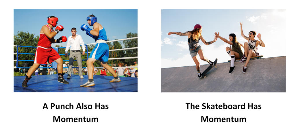 A punch in boxing and a skateboard show examples of momentum in action in physics