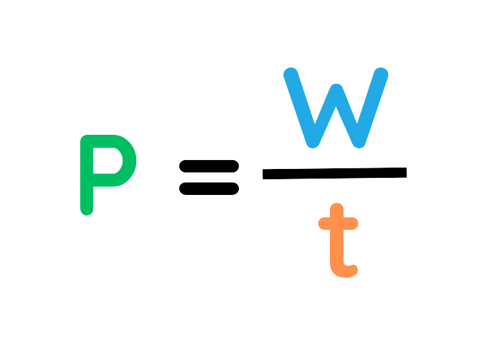 An image showing the power formula in physics: P = W / t, where P is power, W is work, and t is time.